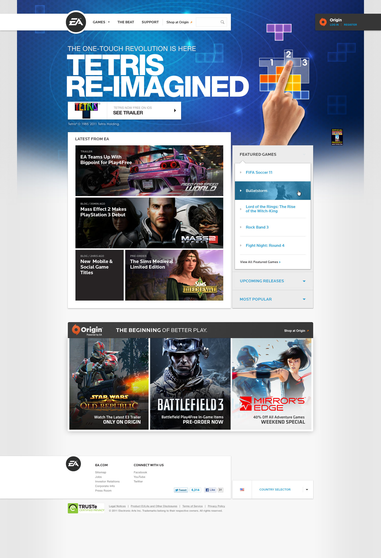 Website promoting recent mobile game releases for Electronic Arts